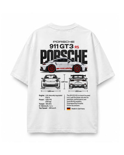 Porsche 911 GT3 RS Spec Sheet Oversized Graphic T-Shirt - White